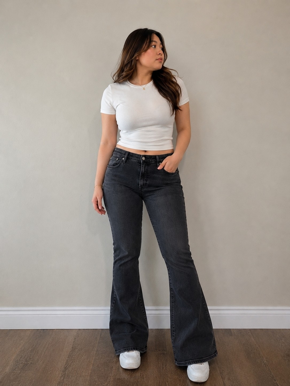 EDWIN Women’s Black Marble Coated Flare Jeans Size 30